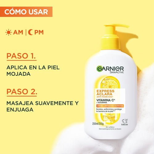 Modo de uso Garnier Gel Limpiador Express Aclara: aplicar sobre piel húmeda, masajear y enjuagar mañana y noche.